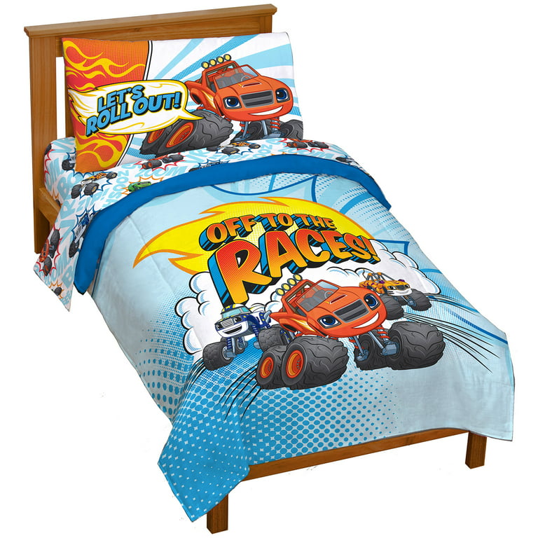 Blaze Off to the Races Trucks Kids Multi-Color Toddler Bed in a Bag, 100%  Microfiber, Blue