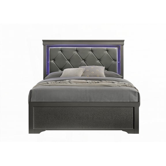 Blaze Queen Bed in Modern Style Having LED Headboard & Wood in Gray