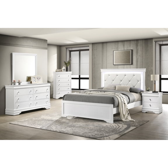 Blaze Upholstered 5 Pc Queen Bedroom In Moonlight White With Led Headboard - Bed, Dresser, Mirror, Nightstand, Chest For A Romantic Blanched Almond Cozy