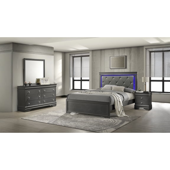 Blaze Upholstered Modern Style 4 Pc Queen Bedroom Set with LED Headboard Made with Wood in Metallic Gray(CA WAREHOUSE)
