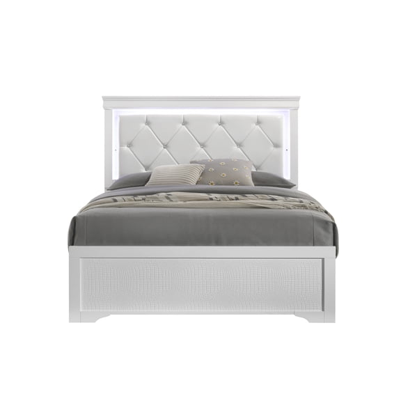 Blaze Upholstered Modern Style King Bed Made with LED Headboard & Wood in White