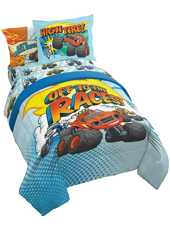 Blaze and the Monster Machines Off to the Races 5 Piece Kids Twin Bed Set, 100% Microfiber, Blue