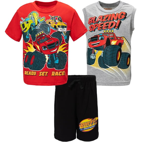 Blaze & the Monster Machines Stripes Zeg Toddler Boys T-Shirt Tank Top & Bike Shorts 3 Pcs Outfit Set Black/ Red/ Grey 2T