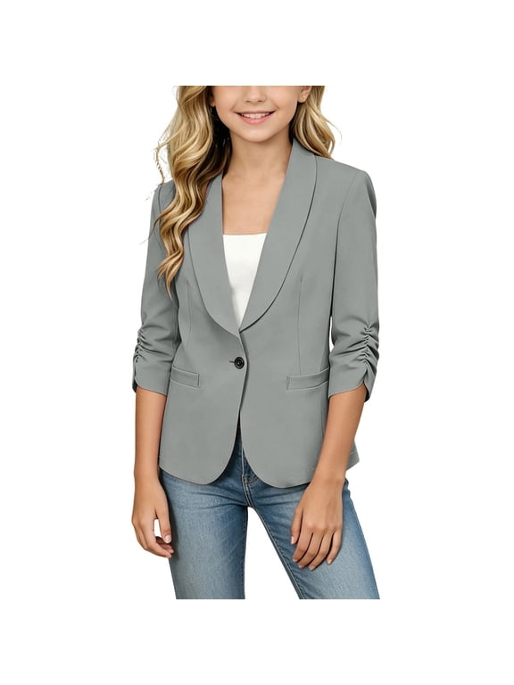Blazer Jackets For Girls Suit Ruched 3/4 Sleeve Lapel Button Down Outwear Back Tops School Graduation Pockets Cardigan (10-11 Years, Gray)