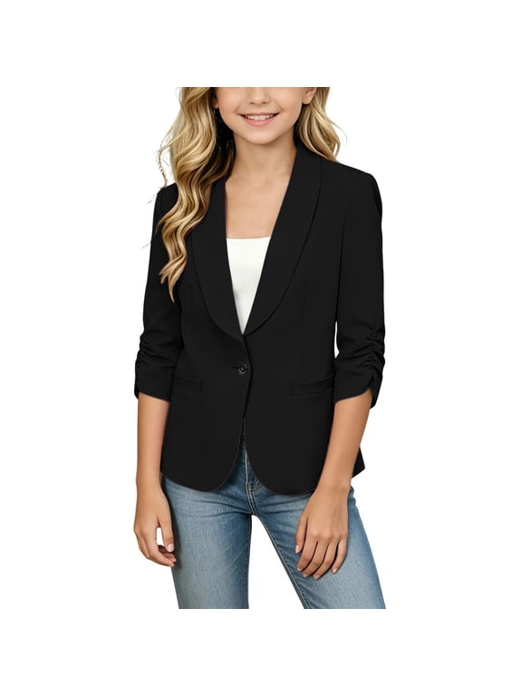 Blazer Jackets For Girls Suit Ruched 3/4 Sleeve Lapel Button Down Outwear Back Tops School Graduation Pockets Cardigan (14-15 Years, Black)
