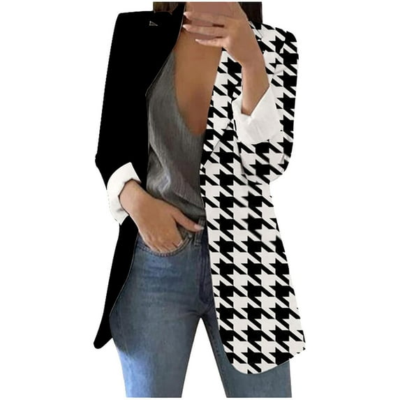 Blazer Jackets for Women Open Front Plaid Patchwork Graphic Long Sleeve Cardigan Blazer Jacket,Women’s Casual Lapel Blazer Jacket for Work Office 2023
