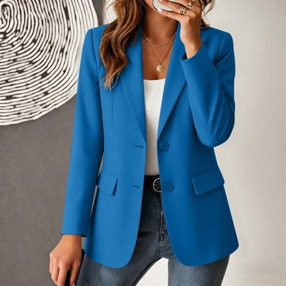 Blazer Jackets for Women Button Down Long Sleeve Lapel Collar Business Casual Fall Suit Coats Blue L