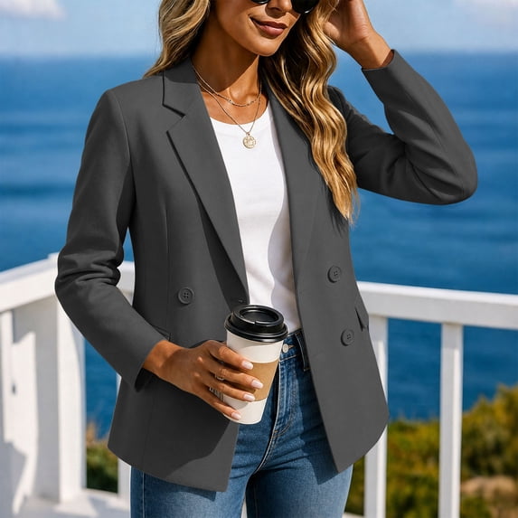 Blazer Jackets for Women Button Down Turndown Collar Long Sleeve Solid Color Fashion Business Jacket Dark Gray L