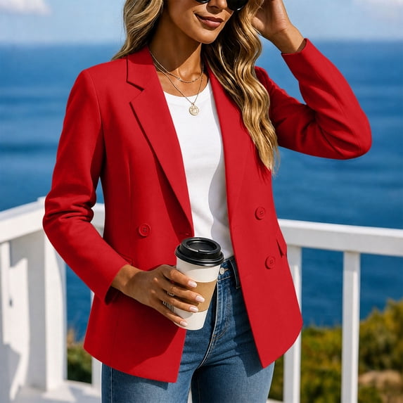 Blazer Jackets for Women Button Down Turndown Collar Long Sleeve Solid Color Fashion Business Jacket Red L