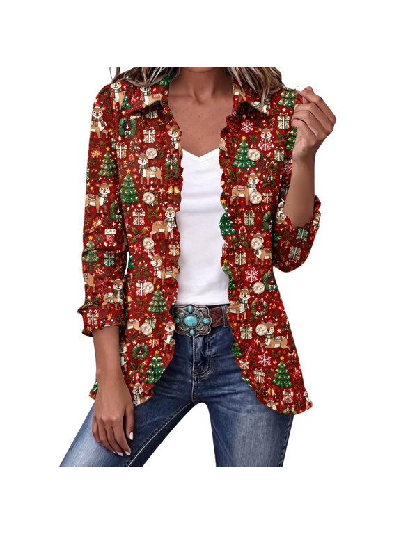 Blazer Jackets for Women Christmas Vintage Printed Long Sleeved Lapel Tops Casual Fashion Holiday Party Outerwear