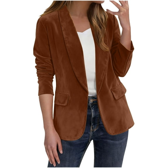 Blazer Jackets for Women Long Sleeve Button Solid Color Shawl Lapel Causal Cardigan Blouse Coffee M