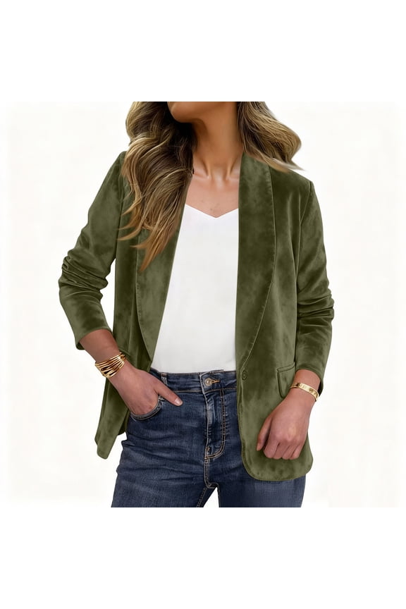 Blazer Jackets for Women Long Sleeve Button Solid Color Shawl Lapel Causal Cardigan Blouse Olive Green L
