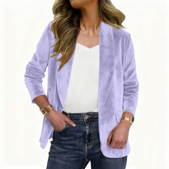 Blazer Jackets for Women Long Sleeve Button Solid Color Shawl Lapel Causal Cardigan Blouse Purple 2XL