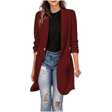 Blazer Jackets for Women Open Front Long Sleeve Casual Blazers Ruched Roll-Up Sleeve Open Front Suits Work Office Blazer Jacket Fall Petite Coat