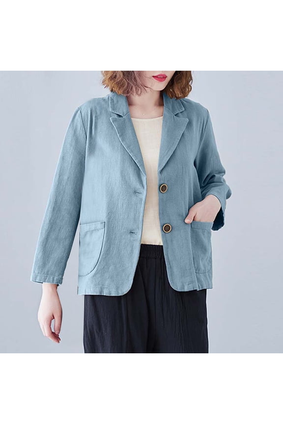 Blazer Jackets for Women Women's Fashion Solid Color Casua Long Sleeve Suit Jacket Button Cotton and Linen Tops Pockets Blouse