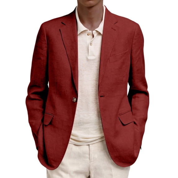Blazer For Men Casual Linen Blend Notched Suit Lapel Single Breasted Blazer One Button Solid Color Unstructured Suit Jacket For Business Casual Daily Wear Wine XL