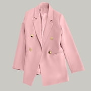 Blazer Plus Size Women Double Breasted Notch Lapel Gold Button Loose Long Sleeve Flap Pocket Solid Casual Office Business Suit Jacket Pink 3XL