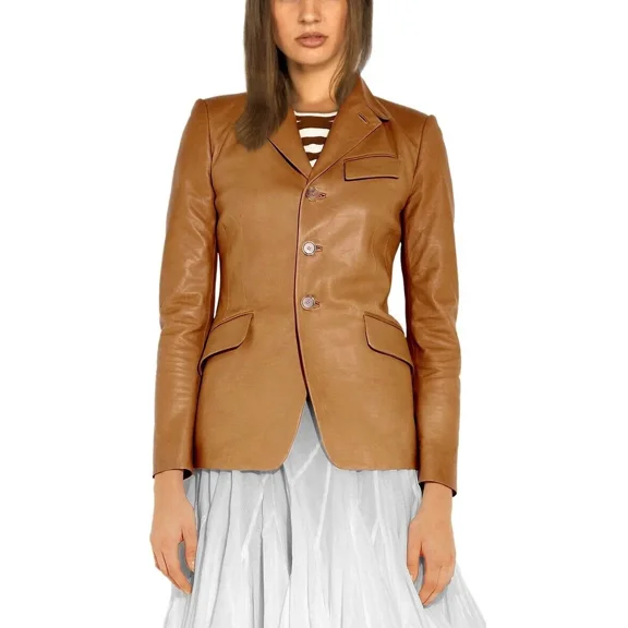 Blazer Real Lambskin Leather Black Genuine Classic Stylish Women Button Party