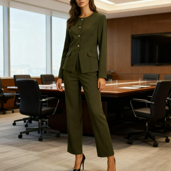 Blazer Set for Women Buttons Crewnceck Blazer Wide Leg Trousers Casual Formal Suits Stylish Elegant Office Sets with Pockets