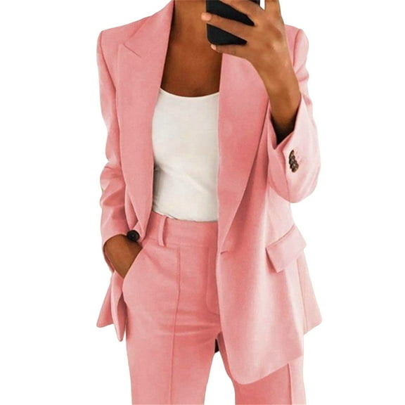 Blazer Sets Women 2 Piece Outfits Plus Size Women Business Casual Long Sleeves Lapel Top Straight Leg Pants Suits Pink S