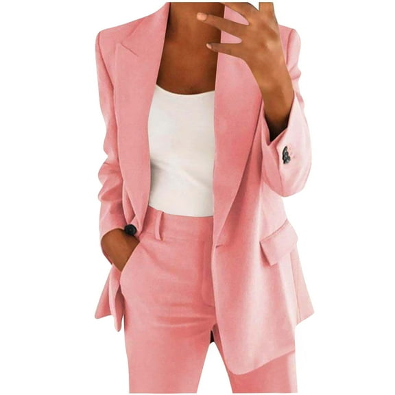 Blazer Sets Women 2 Piece Outfits Plus Size Women Business Casual Sets Dressy Blazer Jackets Straight Leg Pants Suits Pink XL