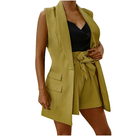 Blazer Short Sets Women 2 Piece Outfits Business Suit Sleeveless Button Vest Tops Shorts Blazer Sets Dressy Casual Suits Ladies Elegant Wedding Gest Formal Sets