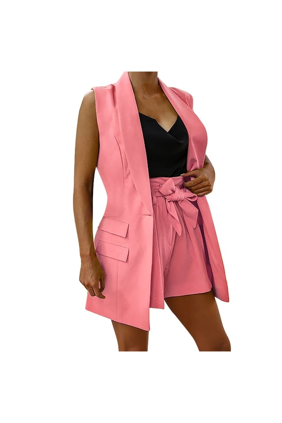 Blazer Short Sets Women 2 Piece Outfits Business Suit Sleeveless Button Vest Tops Shorts Blazer Sets Dressy Casual Suits Ladies Elegant Wedding Gest Formal Sets