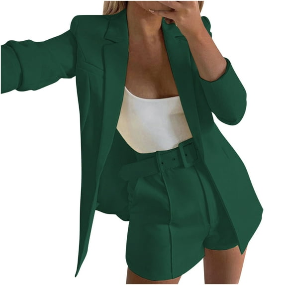 Blazer Shorts Set for Women Elegant 2 Piece Business Outfits Long Sleeve Open Front Blazer Short Suits with Belt