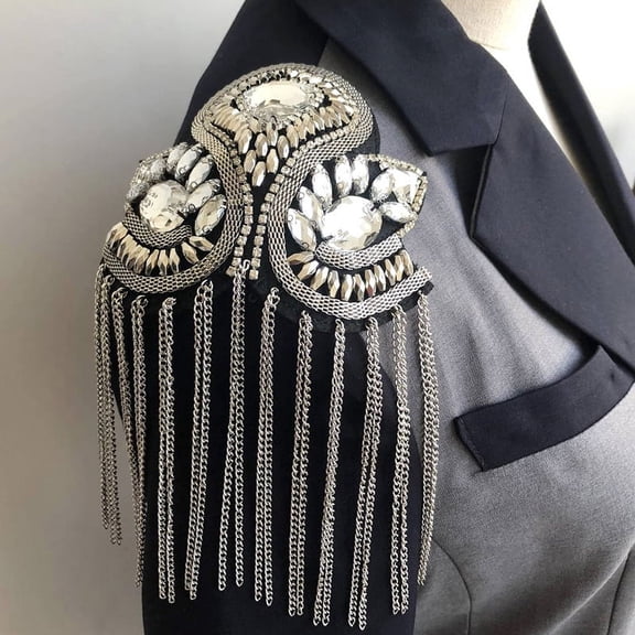 Blazer Shoulder Beaded Tassel Chain Suit Epaulet Punk Fringe Tassel Rhinestones Shoulder Badge for Military Costume Party 2 pieces