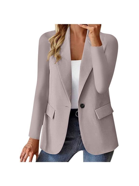 Blazer Suit for Women Elegant Long Sleeve Blazer Jacket With Pocket Fashion Solid Color Two Button Blazers Cardigans Casual Lapel Collar Office Work Business Suit Jacket Beige A S