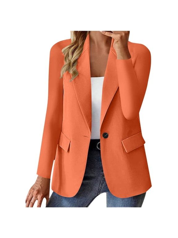 Blazer Suit for Women Elegant Long Sleeve Blazer Jacket With Pocket Fashion Solid Color Two Button Blazers Cardigans Casual Lapel Collar Office Work Business Suit Jacket Orange XL