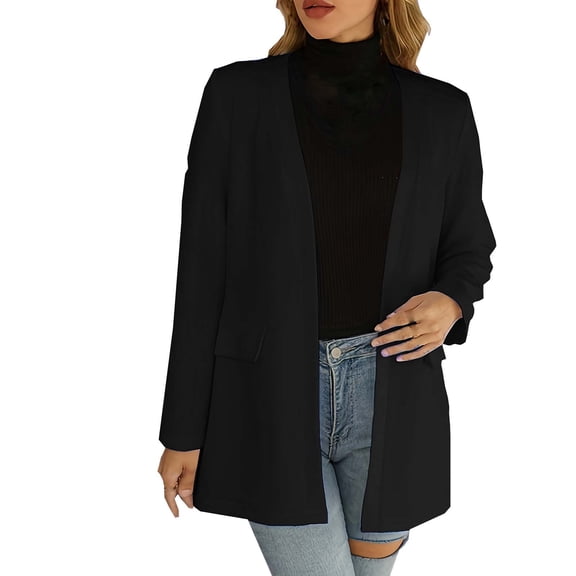Blazer Tops for Women Lapel Dressy Work Jackets Trendy Casual Business Office Coat Solid Color Basic Outerwear (Black L)