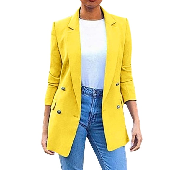 Blazer for Women Casual Double Breasted Plain Suit Jacket Long Sleeve Turn Down Collar Longline Blazer Jacket Smart Casual Work Business Wedding Guests Duster Coat Ladies