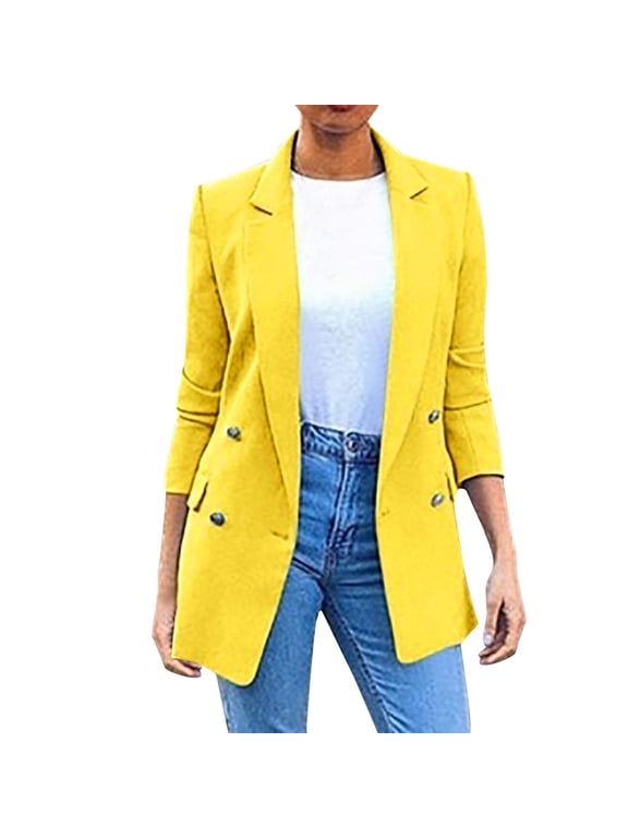 Blazer for Women Casual Double Breasted Plain Suit Jacket Long Sleeve Turn Down Collar Longline Blazer Jacket Smart Casual Work Business Wedding Guests Duster Coat Ladies