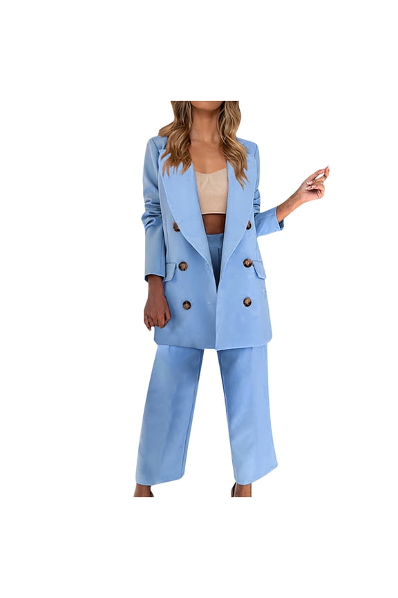 Blazer for Women Casual Loose Double Breasted Plain Suit Jacket Long Sleeve Notched Longline Blazer Jacket Smart Casual Work Business Wedding Guests Duster Coat Ladies