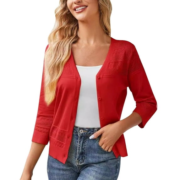 Blazer Women Women's 3/4 Sleeve Cropped Cardigan, 2025 New Lightweight Crochet Shrugs Button up Knit Sweater Coat Tops M