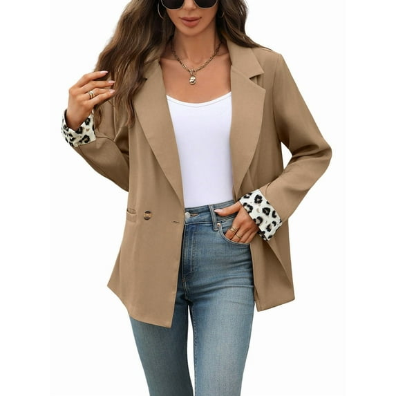 Blazer for Female Fall Work Office Suit Jackets Dressy Open Front Leopard Blazer Business Casual Outfits Khaki M