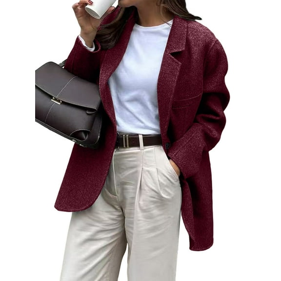 Blazer for Women Business Casual Long Sleeve Lapel Open Front Suit Jacket Work Blazer with Pockets Wine Red XL