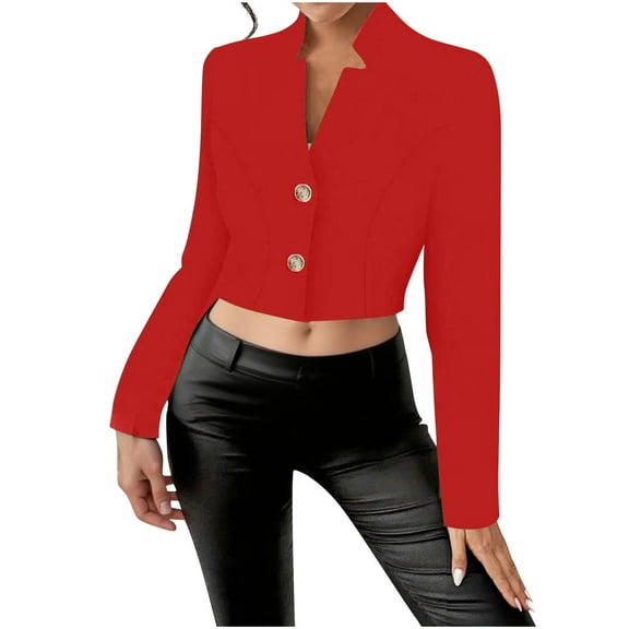 Blazer for Women Button Down Cardigan Elegant Notched Lapel Long Sleeve Work Open Front Cropped Loose Business Office Jacket Casual Red S