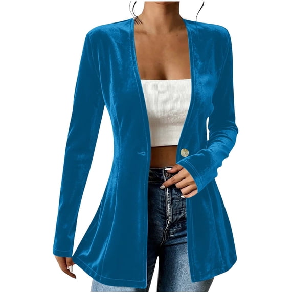 Blazer for Women Casual Trendy One Button Flared Collarless Blazers Long Sleeve Office Work Suit Jackets Blue 2XL