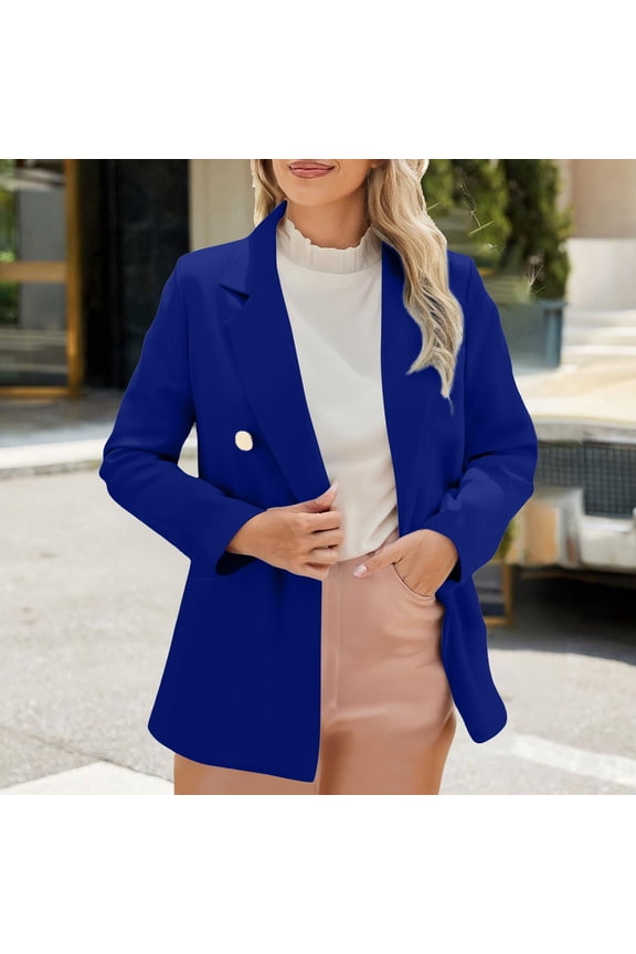 Blazer for Women Long Sleeve Jacket Notch Laple Suit Front Lined Outerwear Two Buttons with Flap Pockets Blue S