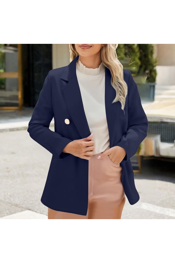 Blazer for Women Long Sleeve Jacket Notch Laple Suit Front Lined Outerwear Two Buttons with Flap Pockets Navy S