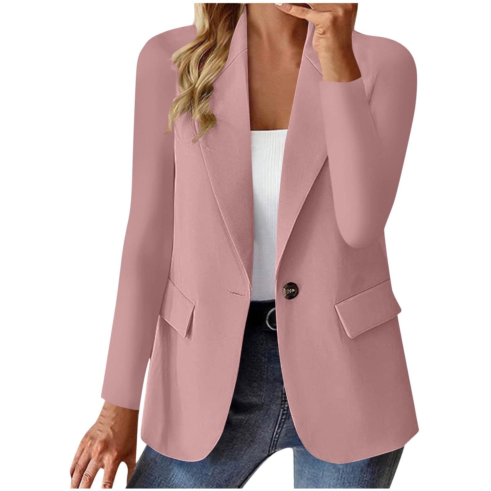 Blazer for Women Office Solid Color Long Sleeve Open Front Lapel Button Suit Jacket Stretch Slim Fit Business Casual Dress for Women