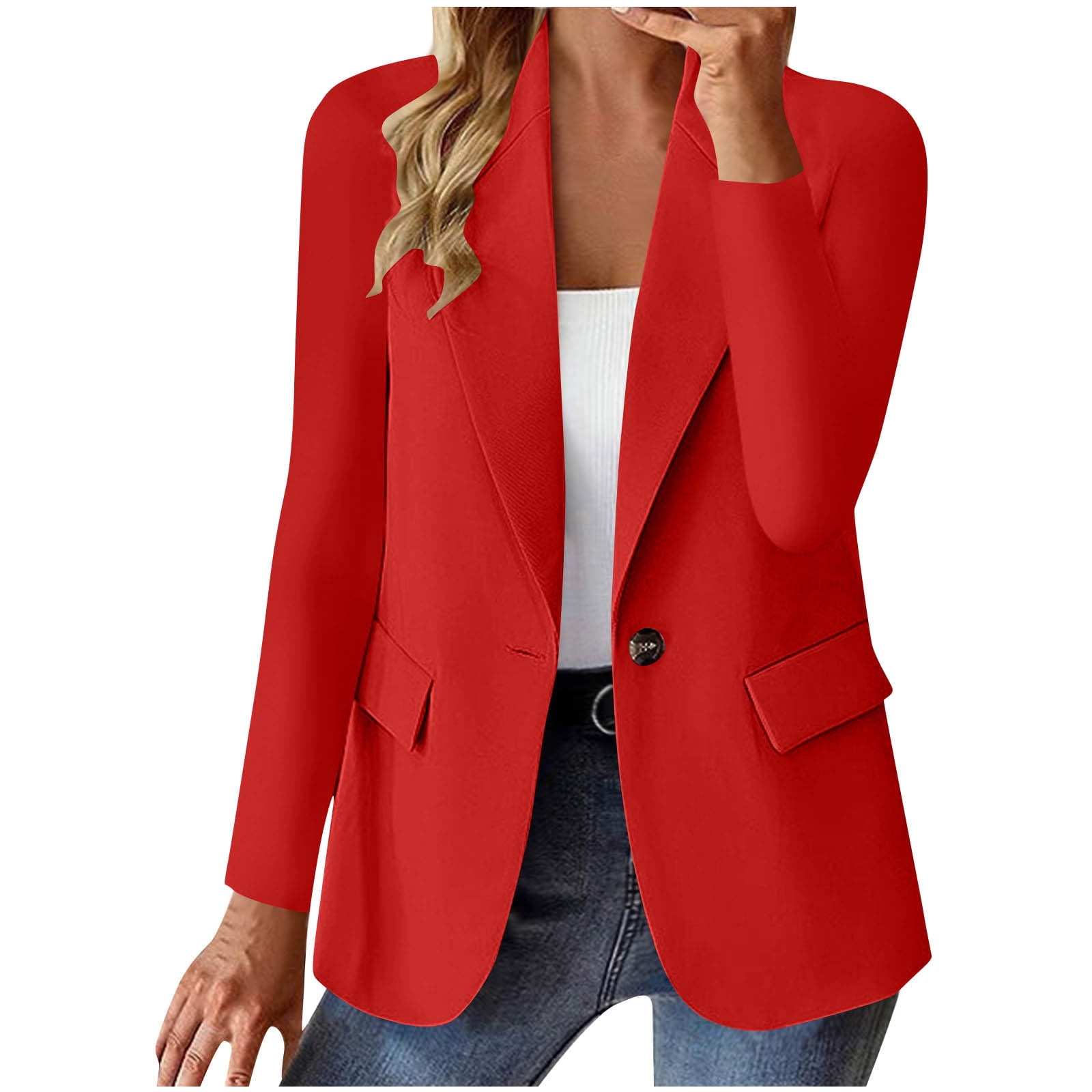 Blazer for Women Office Solid Color Long Sleeve Open Front Lapel Button ...