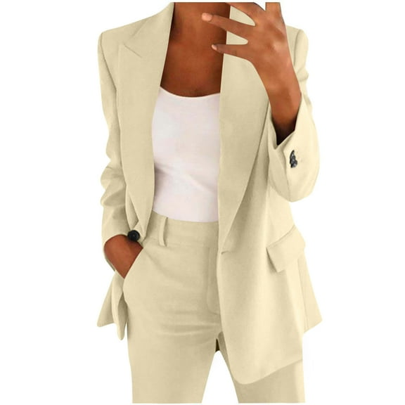 Blazer for Women Open Front Long Elegant Button Down Cardigan Notched Lapel Loose Business Office Jacket Casual Long Sleeve Work Beige L