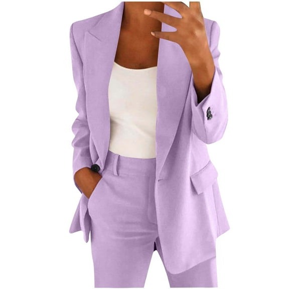 Blazer for Women Open Front Long Elegant Button Down Cardigan Notched Lapel Loose Business Office Jacket Casual Long Sleeve Work Purple L