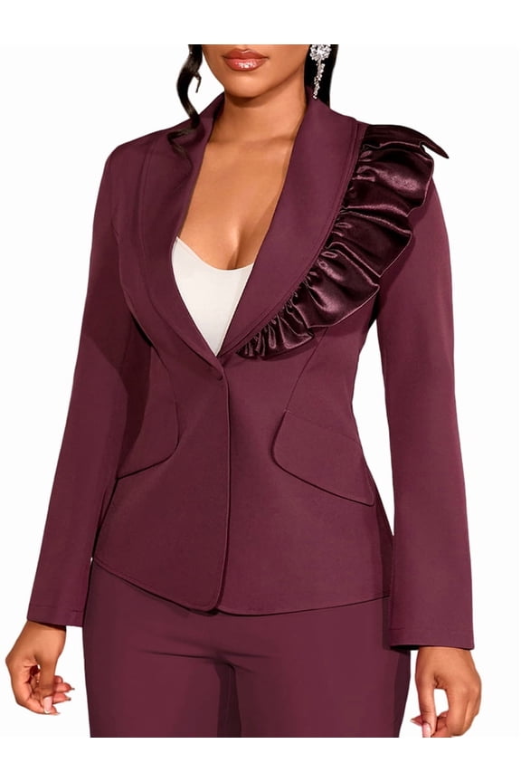 Blazer for Women Scarf Collar Long Sleeve Slimming Patchwork Button Elegant Jacket CoatWine Red XL Wine Red