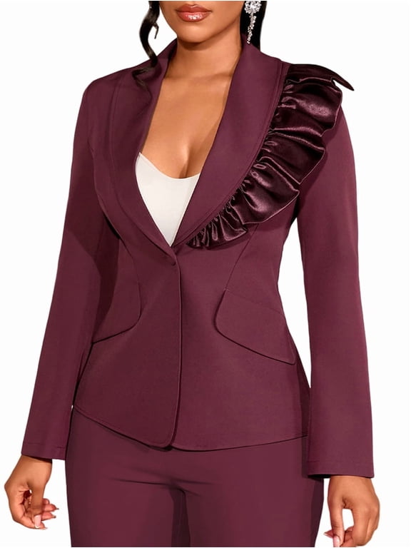 Blazer for Women Scarf Collar Long Sleeve Slimming Patchwork Button Elegant Jacket CoatWine Red XXL Wine Red
