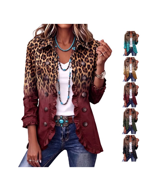 Blazers For Women Retro Leopard Print Ruffled Trim Hem Jacket Trendy Gradient Print Lapel Long Sleeve Coat Lightweight Fall Blazer Cardigan