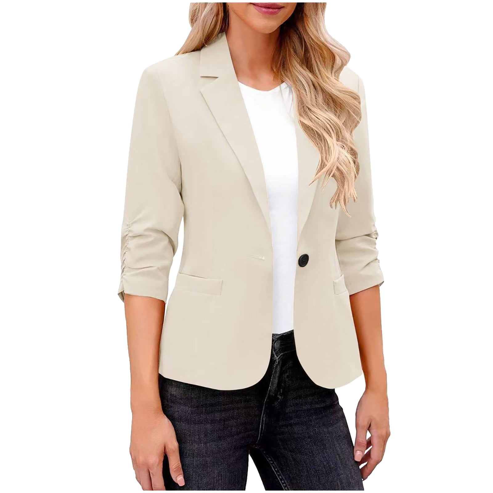 Blazers For Women 3/4 Sleeve Suit Jacket Open Front Lightweight Work ...